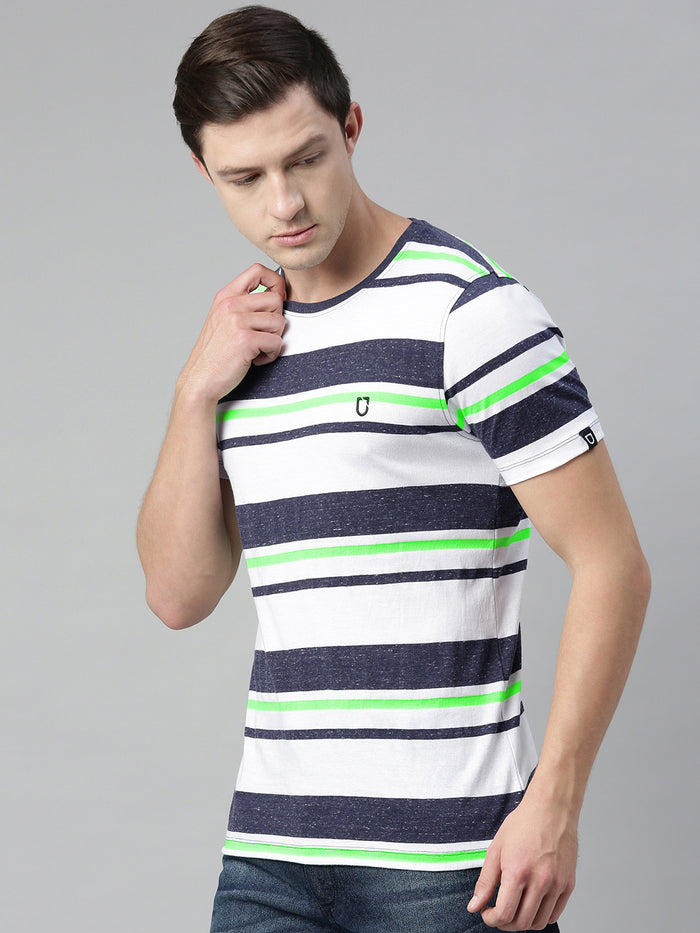 Men's White, Navy Blue, Green Striped Half Sleeve Slim Fit Cotton T-Shirt