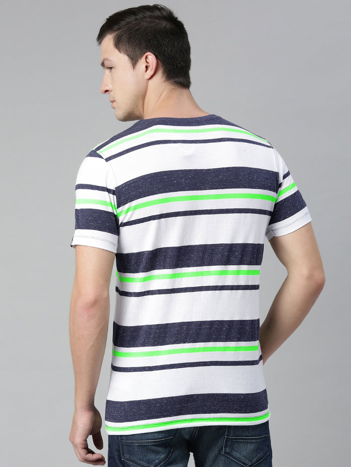 Men's White, Navy Blue, Green Striped Half Sleeve Slim Fit Cotton T-Shirt