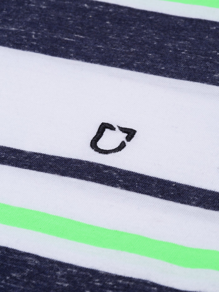 Men's White, Navy Blue, Green Striped Half Sleeve Slim Fit Cotton T-Shirt