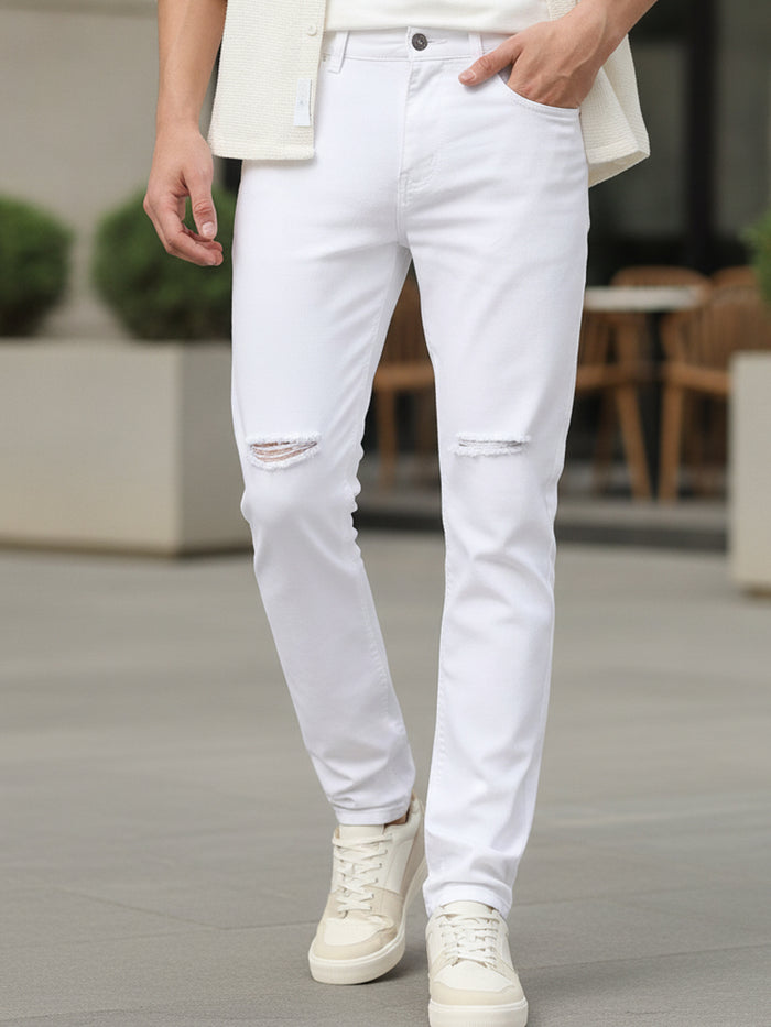 Men's White Slim Fit Knee Slit Distressed Jeans Stretch