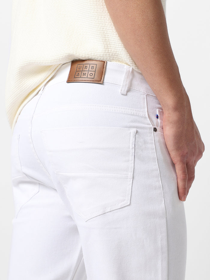 Men's White Slim Fit Knee Slit Distressed Jeans Stretch