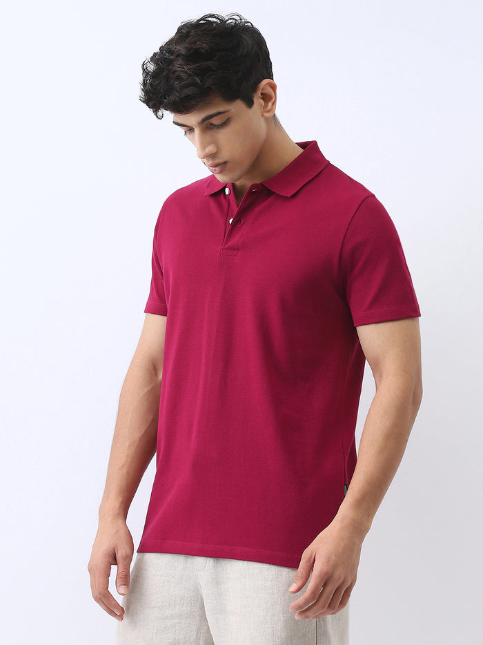Men's Wine Solid Regular Fit Half Sleeve Cotton Polo T-Shirt