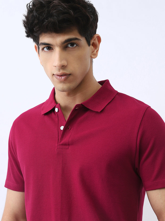 Men's Wine Solid Regular Fit Half Sleeve Cotton Polo T-Shirt