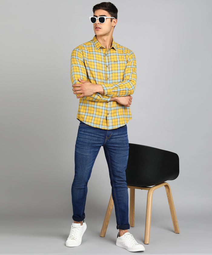 Men's Yellow Cotton Full Sleeve Slim Fit Casual Checkered Shirt