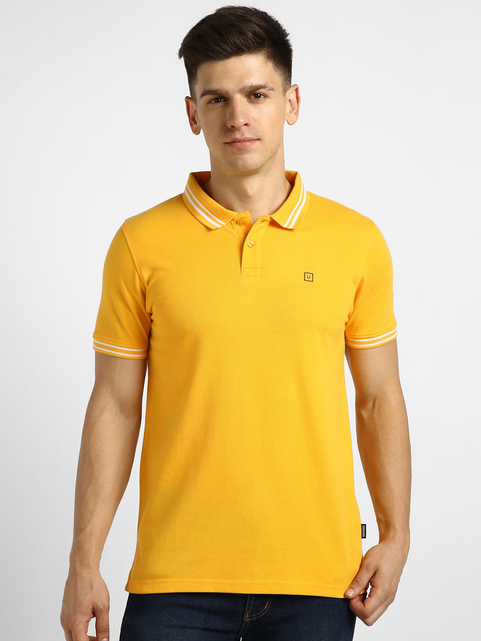 Men's Yellow Solid Slim Fit Half Sleeve Cotton Polo T-Shirt