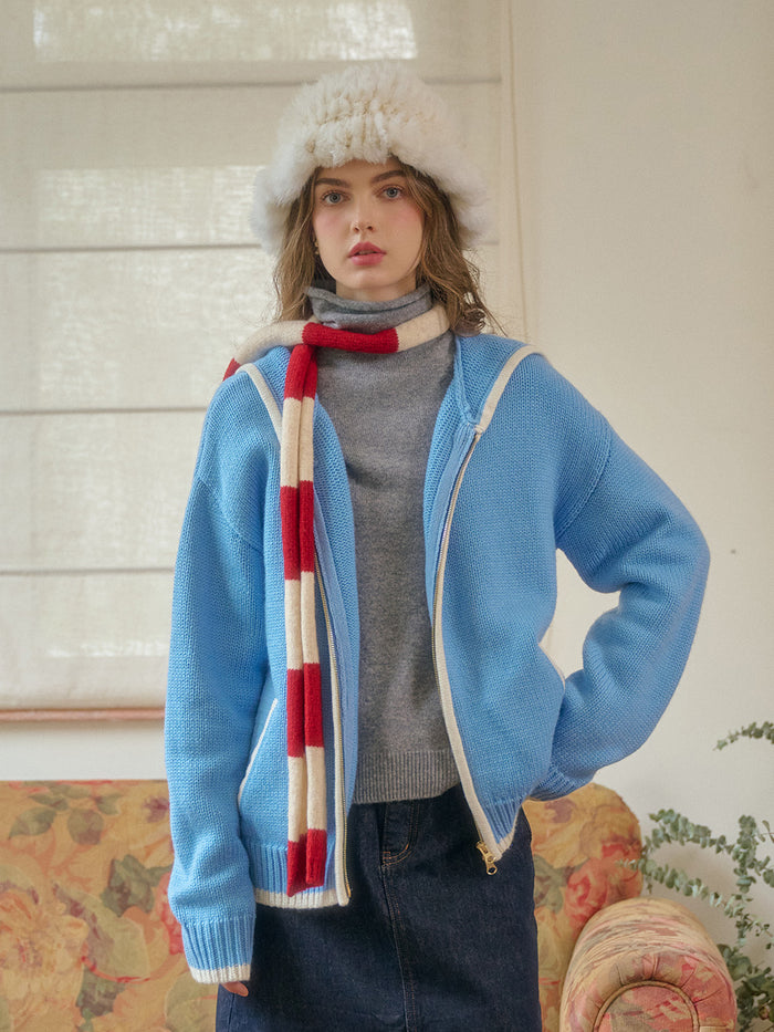Mila Contrasting Pocket Knit Wool Hoodie - Blue