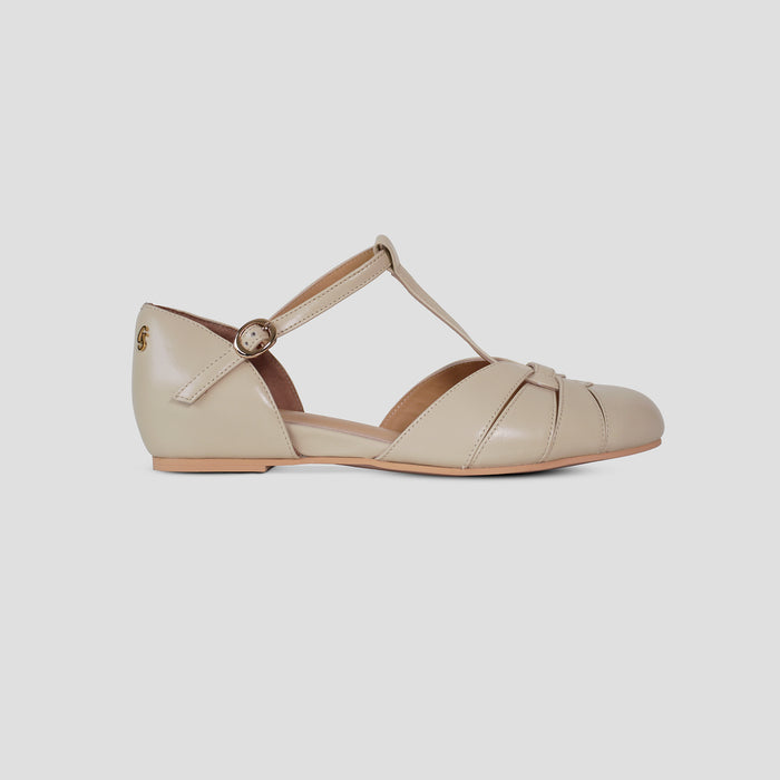 Charlie Stone Shoes women's vintage flats neutral cream shined oiled leather dress shoes with hidden wedge to alleviate heel pain Montpellier Bone