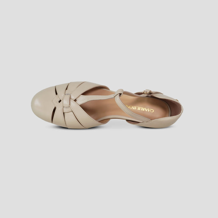 Charlie Stone Shoes women's vintage flats neutral cream shined oiled leather dress shoes with hidden wedge to alleviate heel pain Montpellier Bone