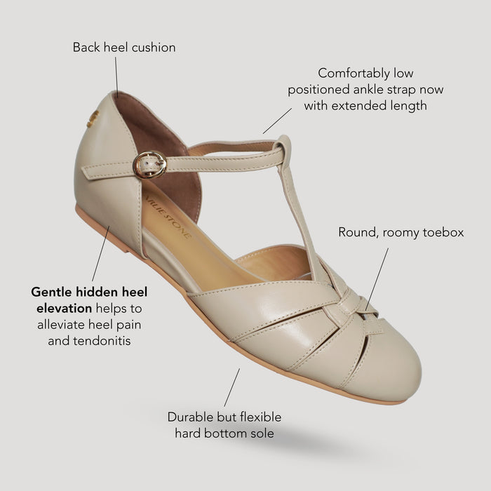 Charlie Stone Shoes women's vintage flats neutral cream shined oiled leather dress shoes with hidden wedge to alleviate heel pain Montpellier Bone