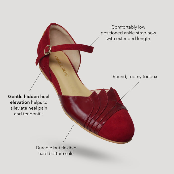 Charlie Stone Shoes New York Burgundy leather women's flats mary jane art deco design vintage inspired retro style old money aesthetic light academia dark academia