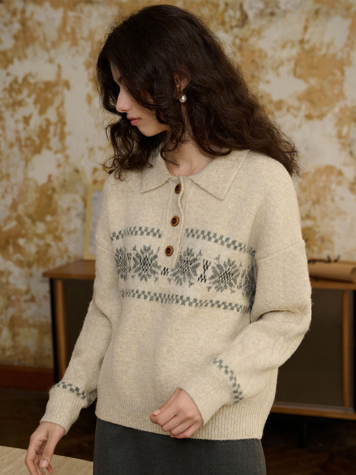 Norah Snowflake Jacquard Polo Fair Isle Knit Sweater