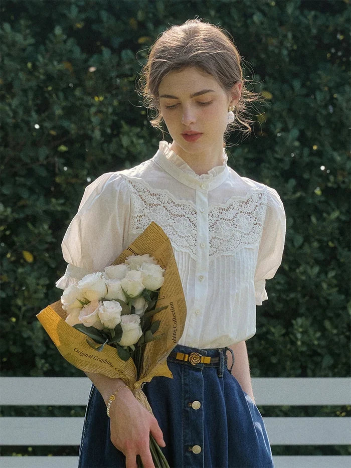 Octavia Mock Neck Hollow Lace Patchwork Puff Sleeve Blouse