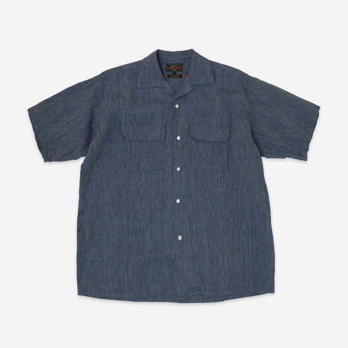 OPEN COLLAR LINEN STRIPE SHIRT- INDIGO