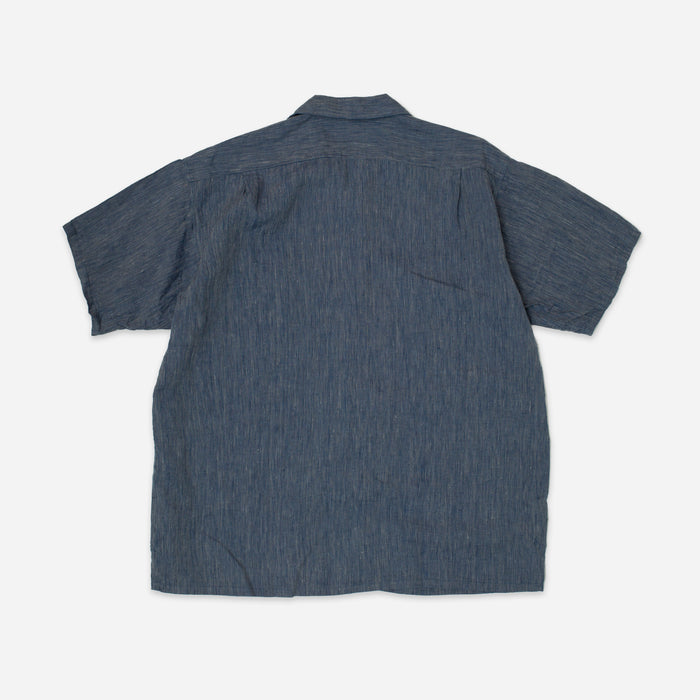 OPEN COLLAR LINEN STRIPE SHIRT- INDIGO