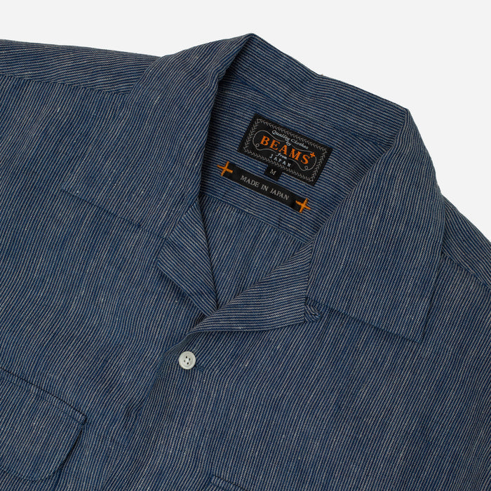 OPEN COLLAR LINEN STRIPE SHIRT- INDIGO