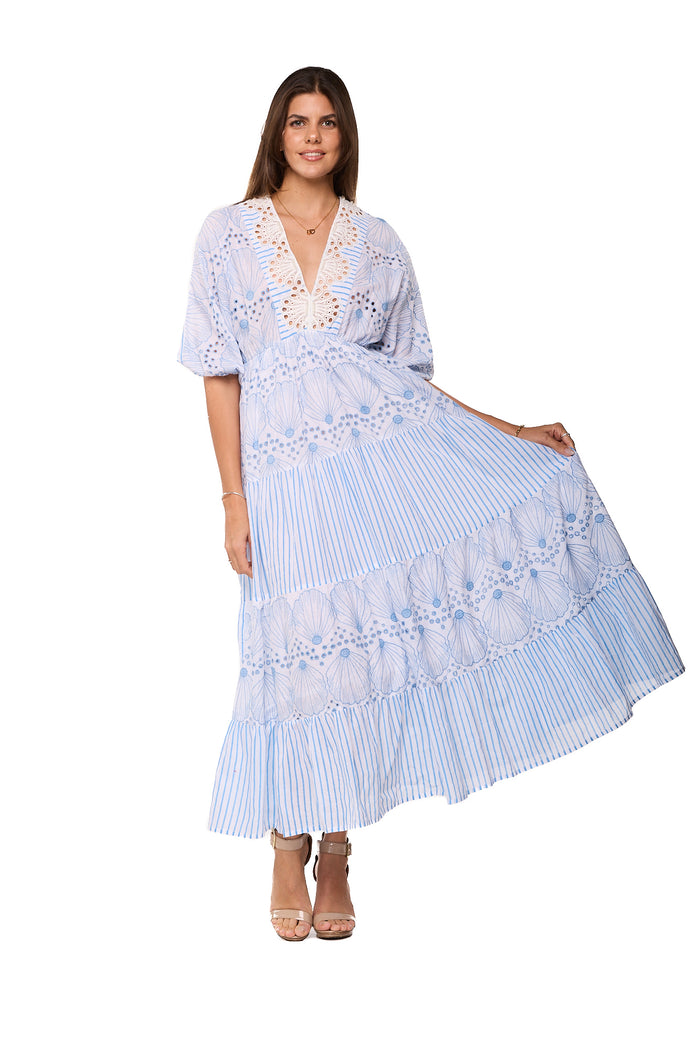 Pastel Blue Lace Tiered Midi Dress -26229