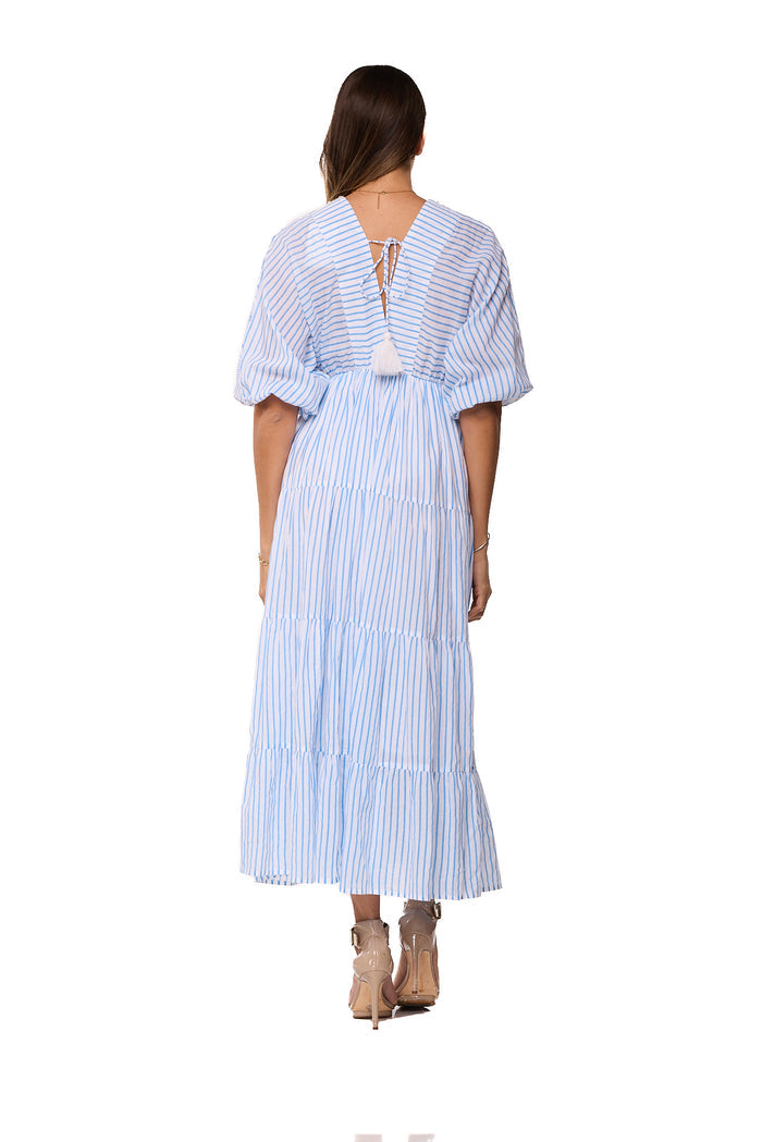Pastel Blue Lace Tiered Midi Dress -26229