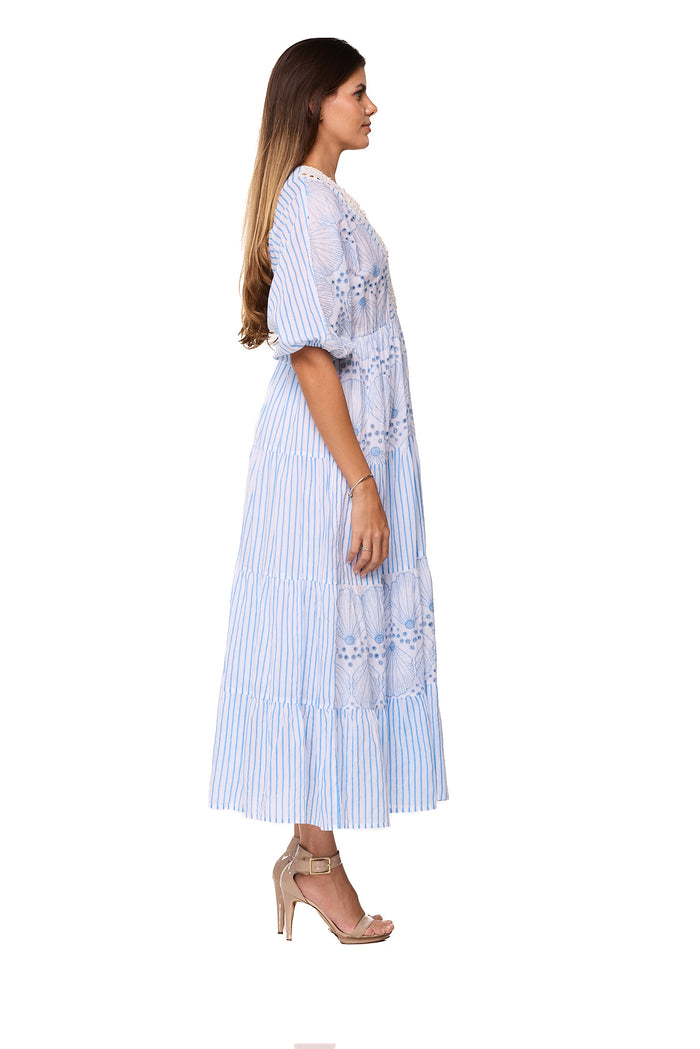 Pastel Blue Lace Tiered Midi Dress -26229