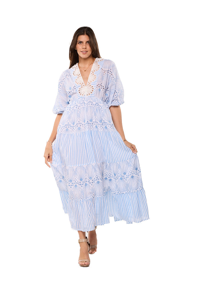 Pastel Blue Lace Tiered Midi Dress -26229