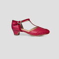 Charlie Stone shoes vintage heels red suede and gold leather small mini block heel 1920s 1930s style