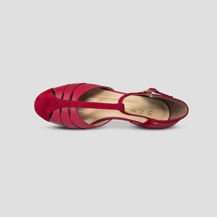 Charlie Stone Shoes elegant vintage women's shoes with small heel red leather and suede in 1930s - 1940s style and mary jane strap