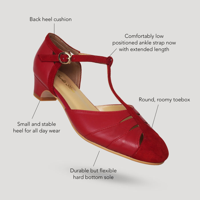 Charlie Stone Shoes elegant vintage women's shoes with small heel red leather and suede in 1930s - 1940s style and mary jane strap