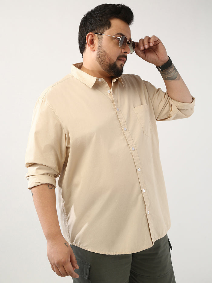 Plus Men's Beige Cotton Full Sleeve Regular Fit Casual Solid Shirt
