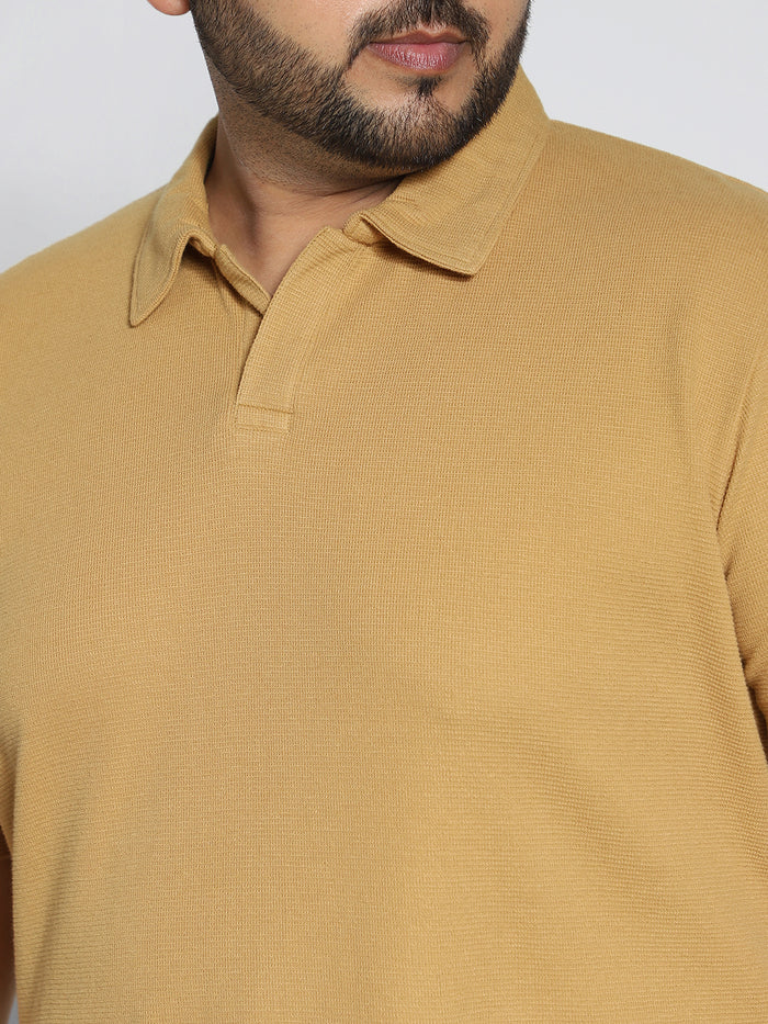 Plus Men's Beige Textured Regular Fit Half Sleeve Cotton Polo T-Shirt