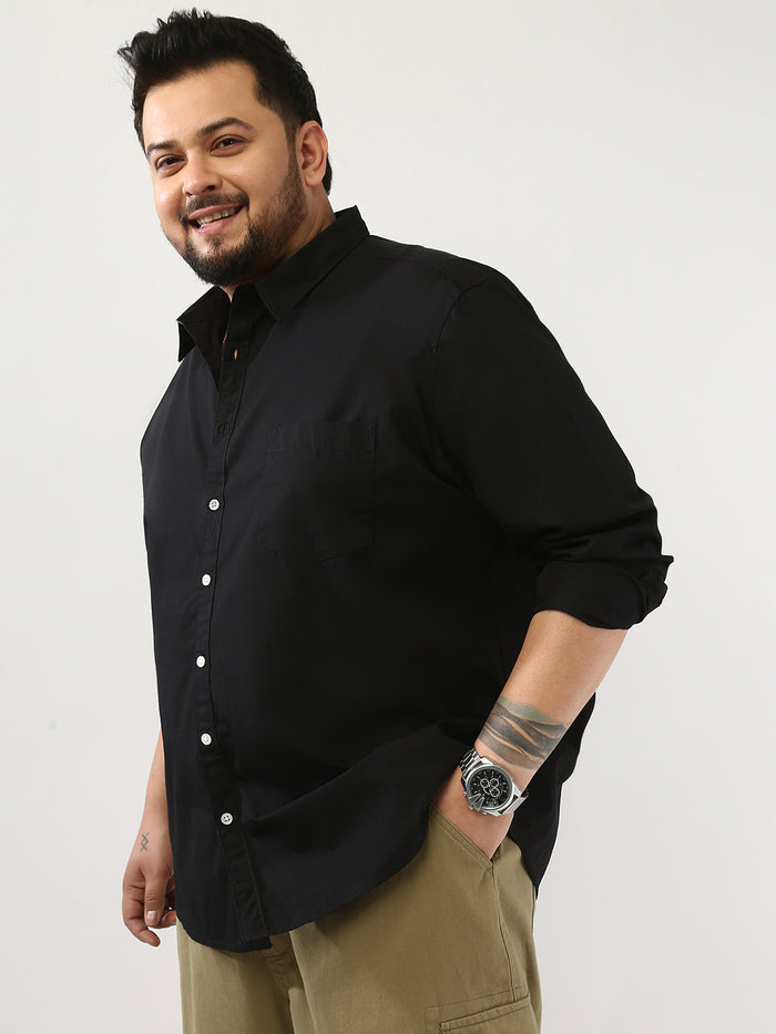 Plus Men's Black Cotton Full Sleeve Regular Fit Casual Solid Shirt