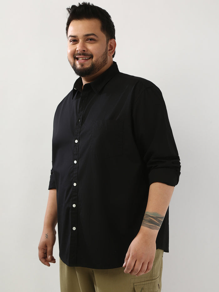 Plus Men's Black Cotton Full Sleeve Regular Fit Casual Solid Shirt