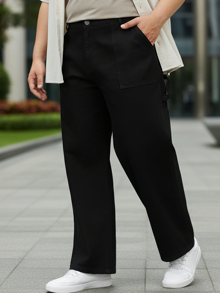 Plus Men's Black Loose Fit Cargo Carpenter Jeans With 6 Pockets Non-Stretchable