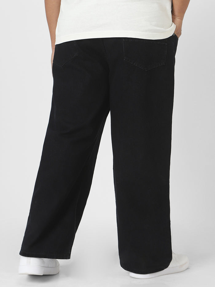 Plus Men's Black Loose Fit Washed Jeans Non-Stretchable