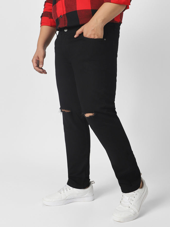 Plus Men's Black Regular Fit Knee Slit Distressed Jeans Stretchable