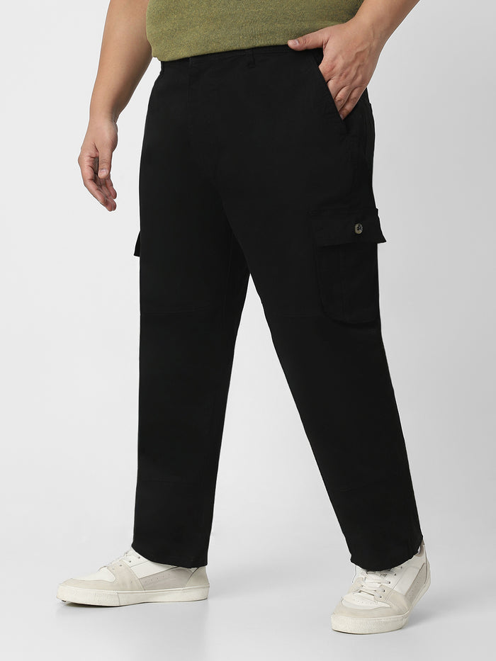 Plus Men's Black Regular Fit Solid Cargo Chino Pant with 6 Pockets