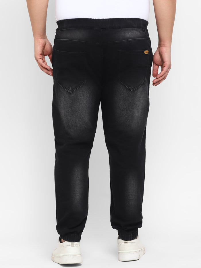 Plus Men's Black Regular Fit Washed Jogger Jeans Stretch