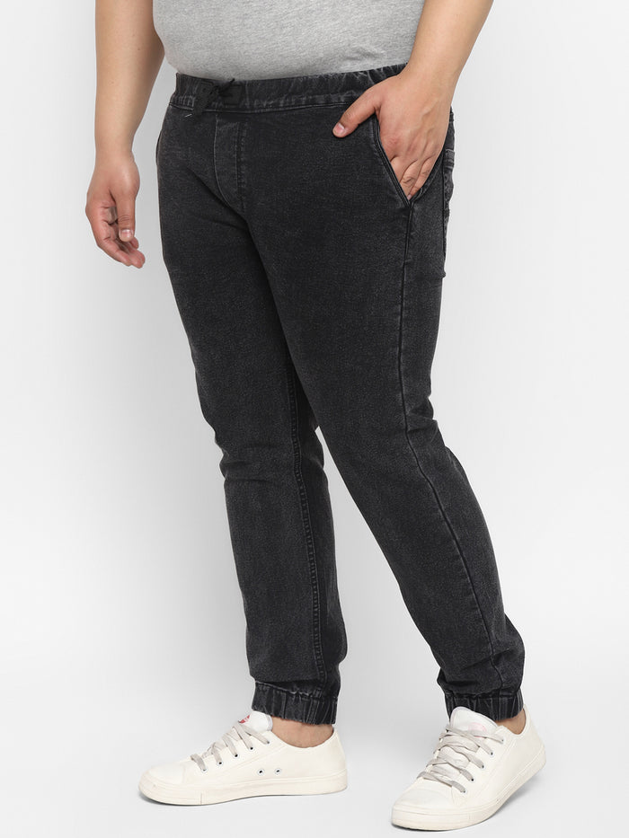 Plus Men's Black Regular Fit Washed Jogger Jeans Stretchable