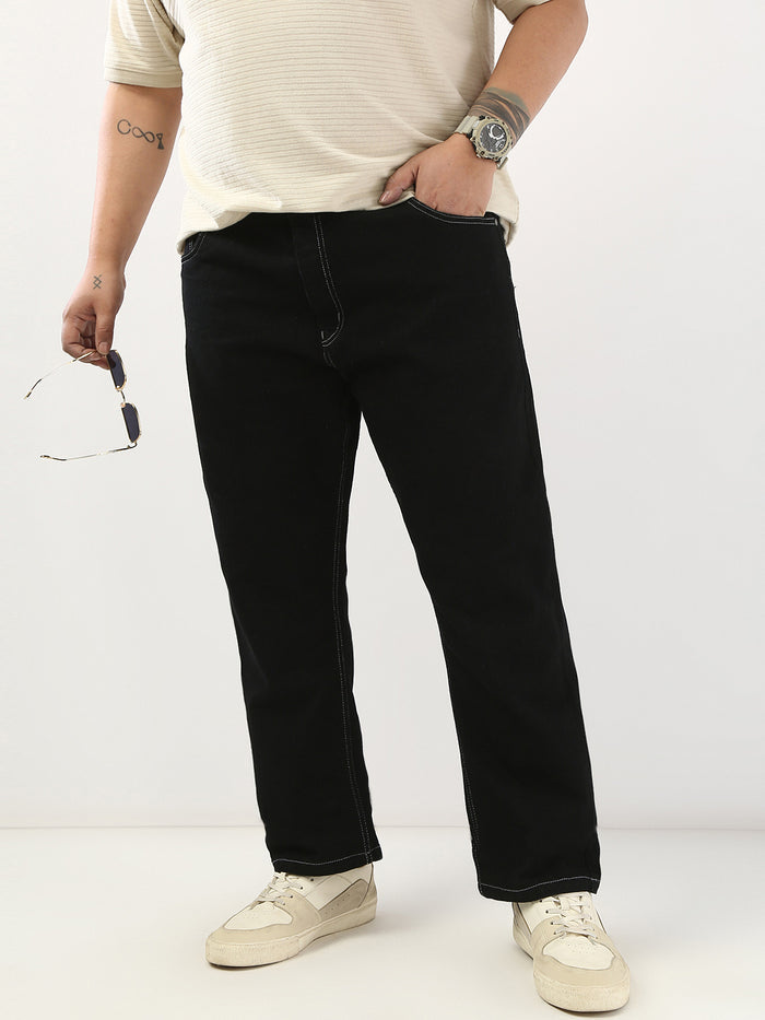 Plus Men's Black Straight Fit Washed Jeans Stretchable