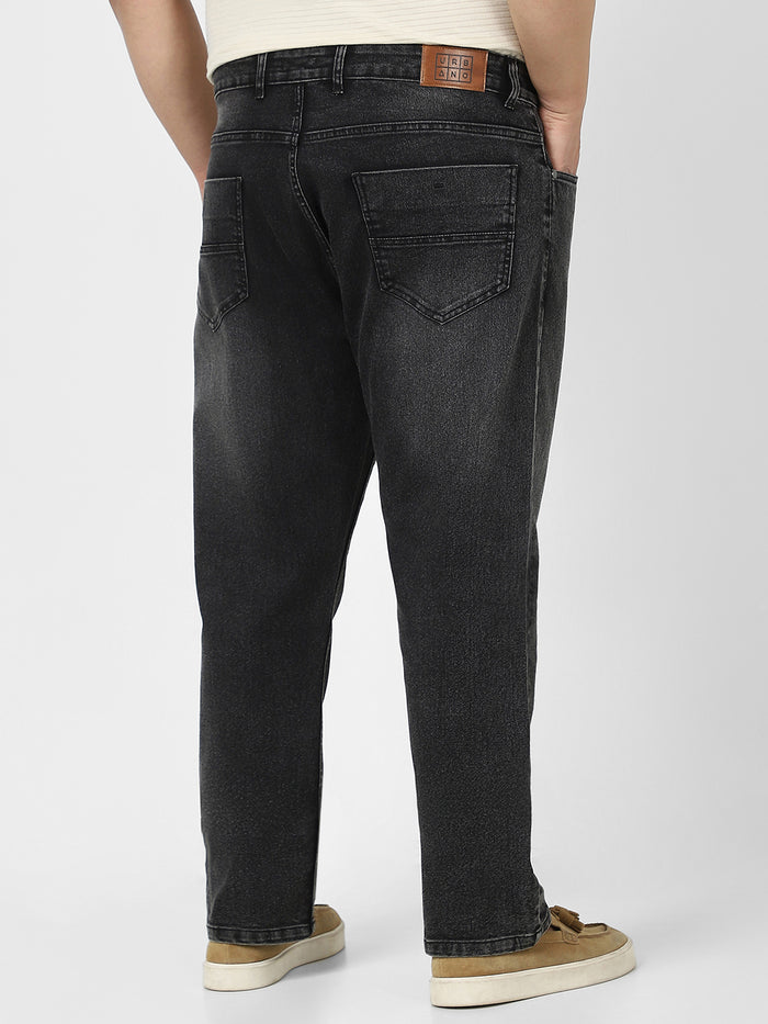 Plus Men's Black Straight Fit Washed Jeans Stretchable