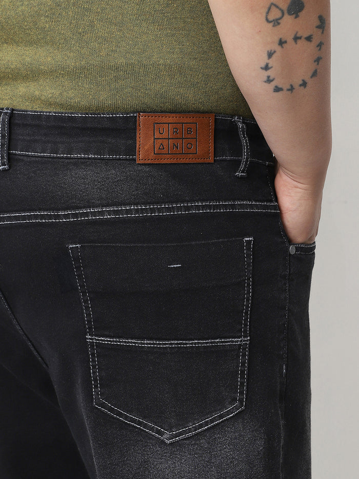 Plus Men's Black Straight Fit Washed Jeans Stretchable