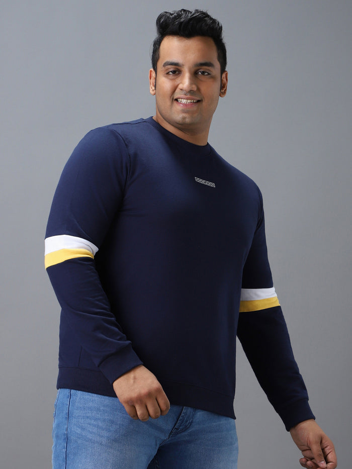 Plus Men's Blue Cotton Color Block Round Neck Sweatshirt