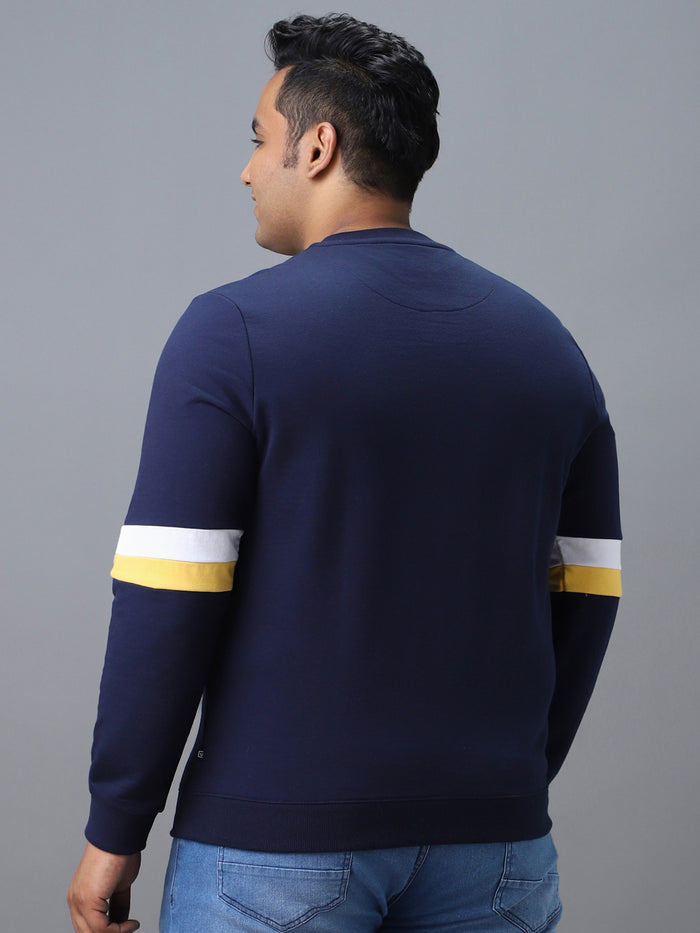 Plus Men's Blue Cotton Color Block Round Neck Sweatshirt