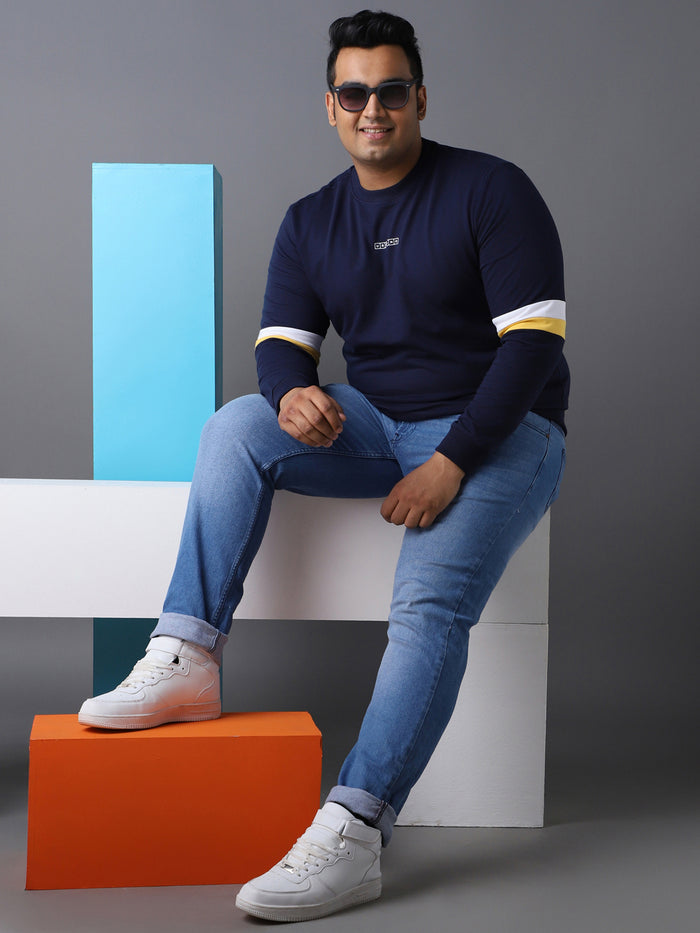 Plus Men's Blue Cotton Color Block Round Neck Sweatshirt