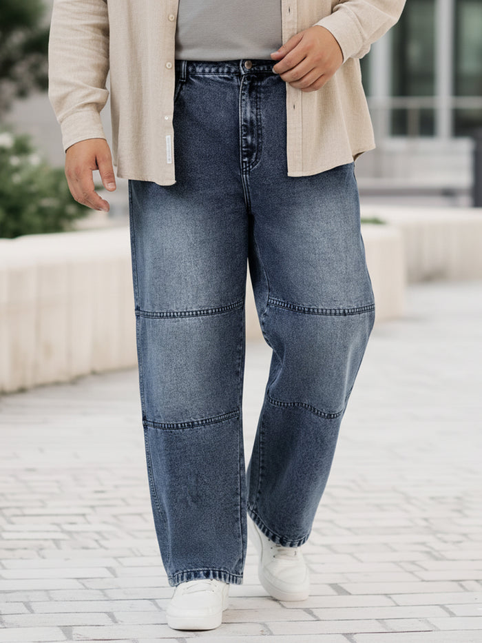 Plus Men's Blue Loose Baggy Fit Cut and Sew Panelled Jeans Non-Stretchable