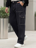 Plus Men's Blue Loose Fit Cargo Jeans with 6 Pockets Non-Stretchable