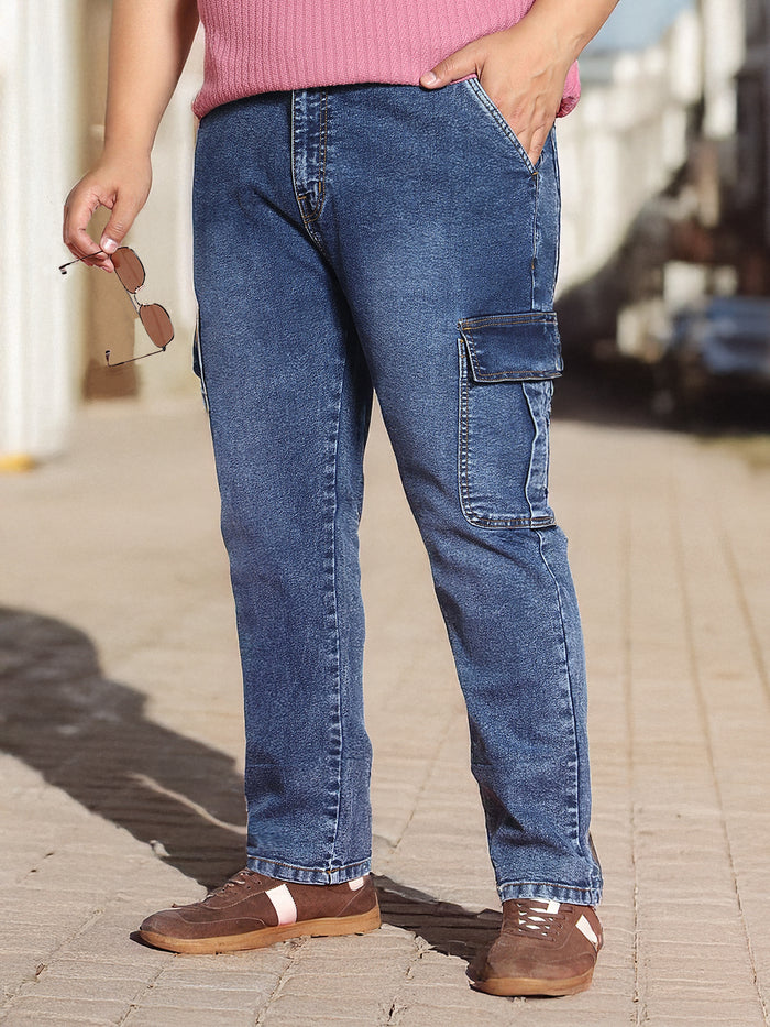 Plus Men's Blue Regular Fit Washed Cargo Jeans With 6 Pockets Stretchable