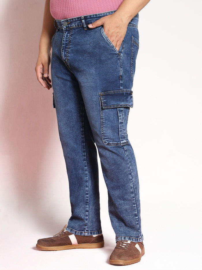 Plus Men's Blue Regular Fit Washed Cargo Jeans With 6 Pockets Stretchable