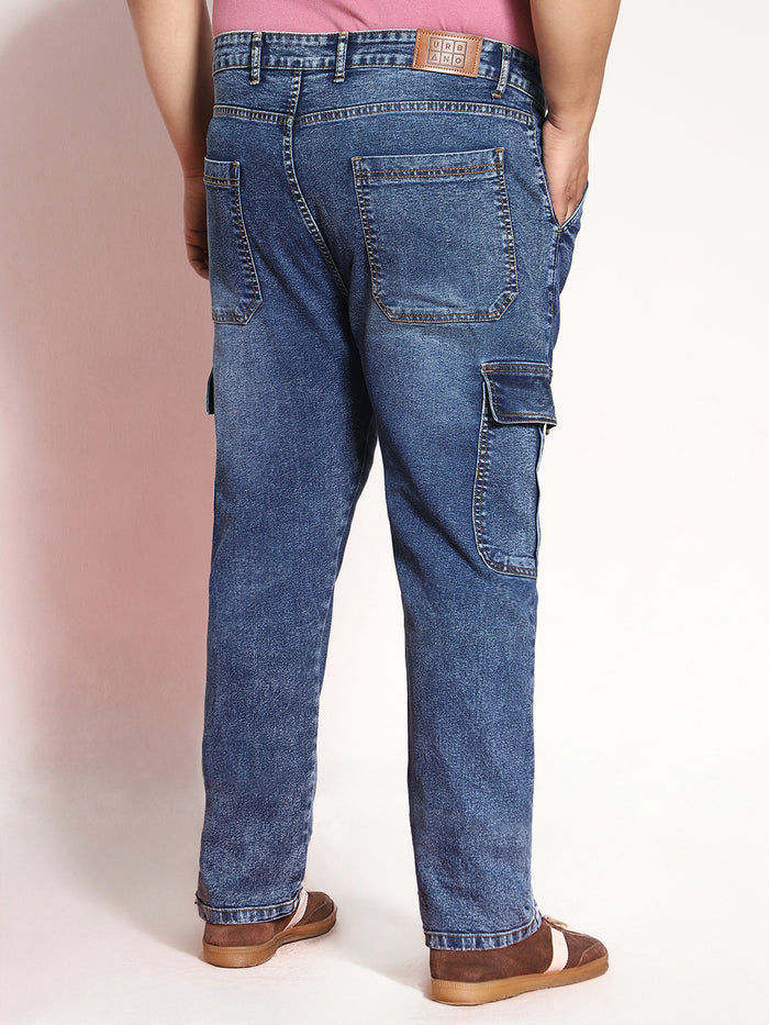 Plus Men's Blue Regular Fit Washed Cargo Jeans With 6 Pockets Stretchable