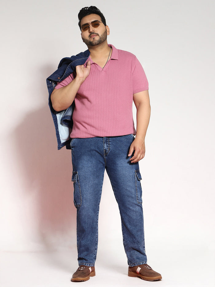Plus Men's Blue Regular Fit Washed Cargo Jeans With 6 Pockets Stretchable