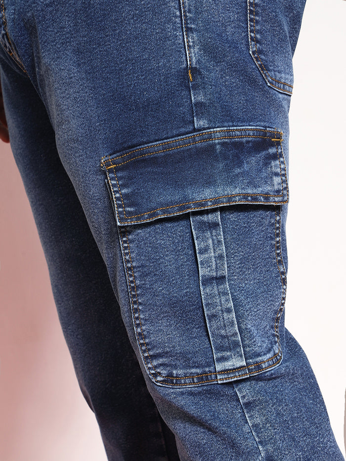 Plus Men's Blue Regular Fit Washed Cargo Jeans With 6 Pockets Stretchable