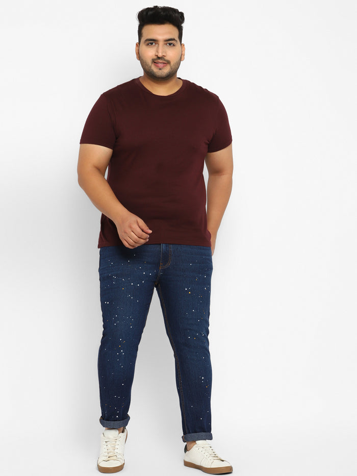 Plus Men's Blue Regular Fit Washed Printed Jeans Stretchable